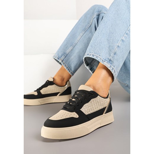 Beżowo-Czarne Sneakersy na Platformie Ozdobione Plecionką Perforacją i Brokatem Tulreia ze sklepu renee.pl w kategorii Buty sportowe damskie - zdjęcie 178148707