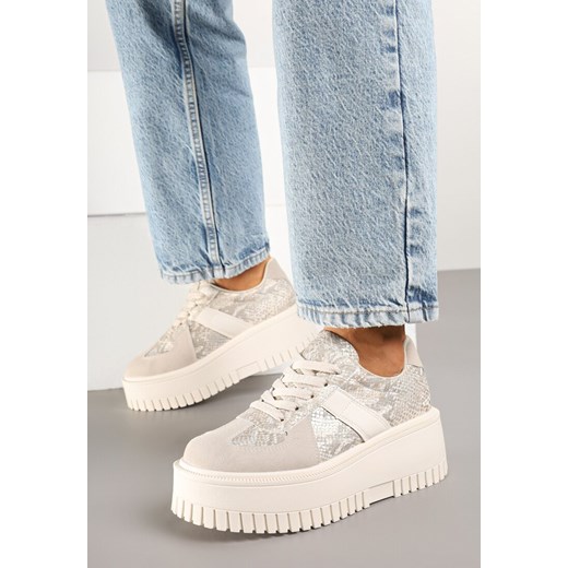 Beżowe Sneakersy w Stylu Tenisówek na Platformie z Tłoczeniami Ozdobione Wężowym Printem Firreis ze sklepu born2be.pl w kategorii Buty sportowe damskie - zdjęcie 178150328