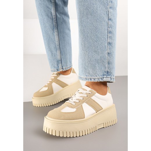 Ciemnobeżowe Sneakersy w Stylu Tenisówek na Platformie z Tłoczeniami Firreis ze sklepu born2be.pl w kategorii Buty sportowe damskie - zdjęcie 178150475