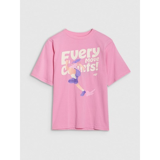 Dziewczęcy t-shirt oversize z nadrukiem 4F 4FJASAW24TTSHF2592 - różowy 4f Junior 152 Sportstylestory.com