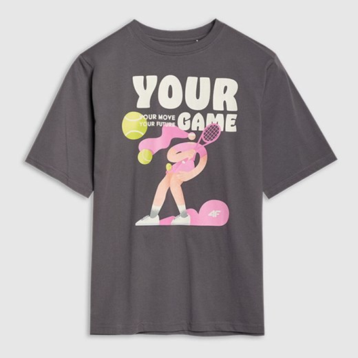 Dziewczęcy t-shirt oversize z nadrukiem 4F 4FJASAW24TTSHF2592 - szary ze sklepu Sportstylestory.com w kategorii Bluzki dziewczęce - zdjęcie 178151968