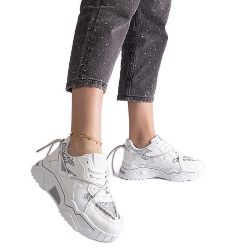 Białe sneakersy damskie z brokatem ze sklepu ButyModne.pl w kategorii Buty sportowe damskie - zdjęcie 178153178