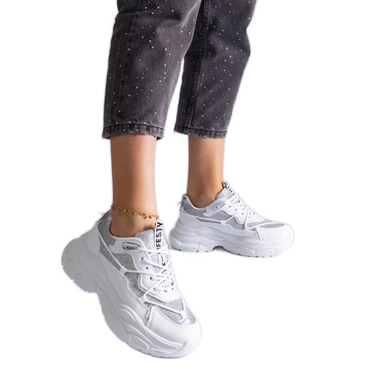 Białe sneakersy z brokatowymi wstawkami ze sklepu ButyModne.pl w kategorii Buty sportowe damskie - zdjęcie 178153186