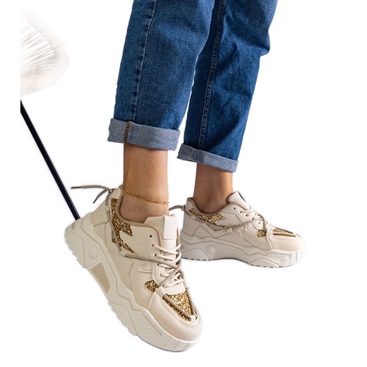 Beżowe sneakersy damskie z brokatem beżowy ze sklepu ButyModne.pl w kategorii Buty sportowe damskie - zdjęcie 178153215