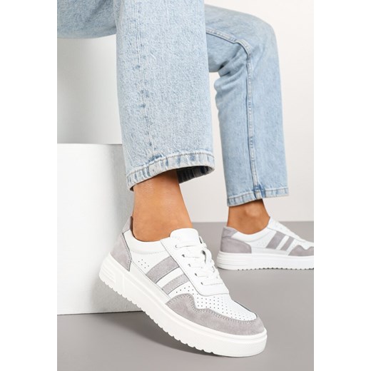 Biało-Szare Płaskie Sneakersy ze Skóry Naturalnej Ozdobione Paskami i Perforacją Floriwa ze sklepu renee.pl w kategorii Buty sportowe damskie - zdjęcie 178159599