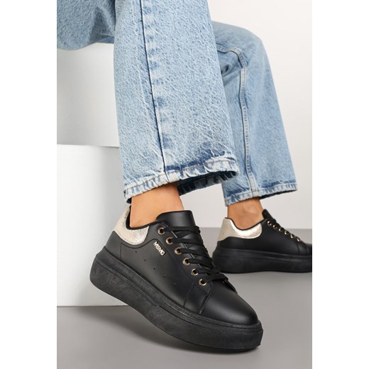 Czarno-Złote Sneakersy na Niskim Koturnie Zdobione Metalicznymi Wstawkami Alirisa ze sklepu renee.pl w kategorii Buty sportowe damskie - zdjęcie 178159745