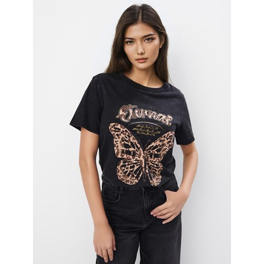 Mohito - Bawełniany t-shirt z nadrukiem - czarny ze sklepu Mohito w kategorii Bluzki damskie - zdjęcie 178161386