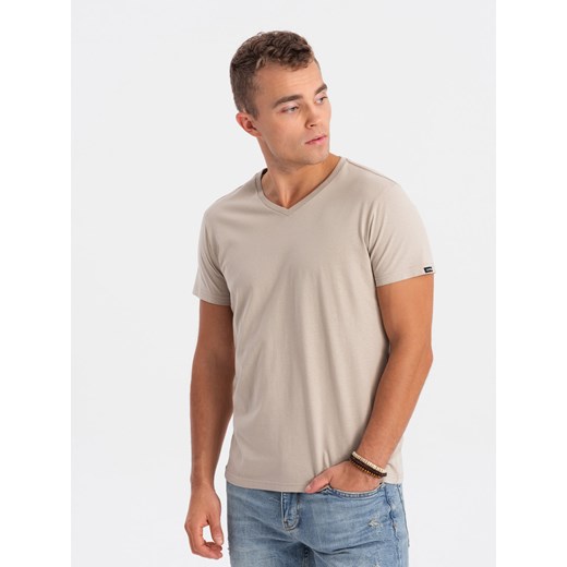 Klasyczna męska koszulka z dekoltem w serek BASIC - piaskowy V5 S1369 XL wyprzedaż ombre