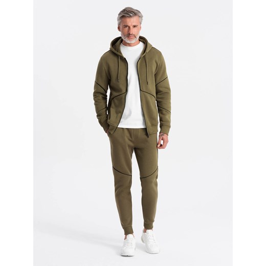 Komplet męski dresowy z kontrastowymi wstawkami bluza + spodnie - ciemnooliwkowy XL ombre