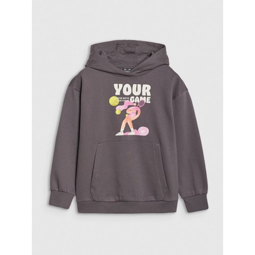 Dziewczęca bluza dresowa nierozpinana z kapturem 4F 4FJASAW24TSWSF2156 - szara ze sklepu Sportstylestory.com w kategorii Bluzy dziewczęce - zdjęcie 178170325
