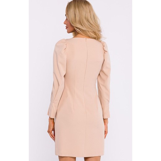Sukienka mini z bufiastymi rękawami beżowa M836, Kolor beżowy, Rozmiar L, MOE ze sklepu Intymna w kategorii Sukienki - zdjęcie 178173236