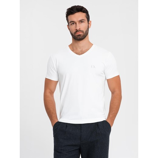 Męski t-shirt V-neck SLIM FIT z elastanem i printem – biały V2 OM-TSBC-0221 ze sklepu ombre w kategorii T-shirty męskie - zdjęcie 178173435