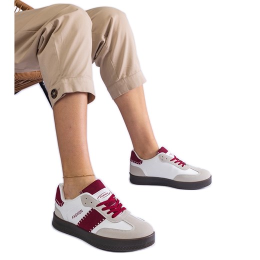 Bordowe sneakersy na platformie z przeszyciami białe 37 ButyModne.pl