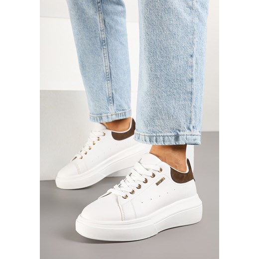 Biało-Brązowe Sneakersy na Niskim Koturnie Zdobione Metalicznymi Wstawkami Alirisa ze sklepu renee.pl w kategorii Buty sportowe damskie - zdjęcie 178180148