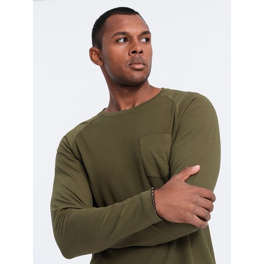 Longsleeve męski o strukturze "wafla" - oliwkowy V3 OM-LSCL-0109 M okazyjna cena ombre
