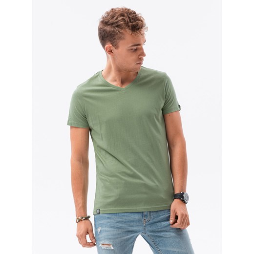 Klasyczna męska koszulka z dekoltem w serek BASIC - jasnozielony V11 S1369 ze sklepu ombre w kategorii T-shirty męskie - zdjęcie 178181506