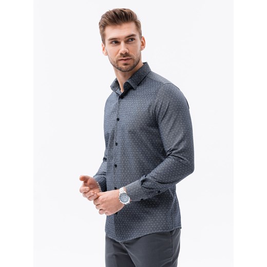 Koszula męska w drobny wzór REGULAR FIT - granatowa K601 ze sklepu ombre w kategorii Koszule męskie - zdjęcie 178181595
