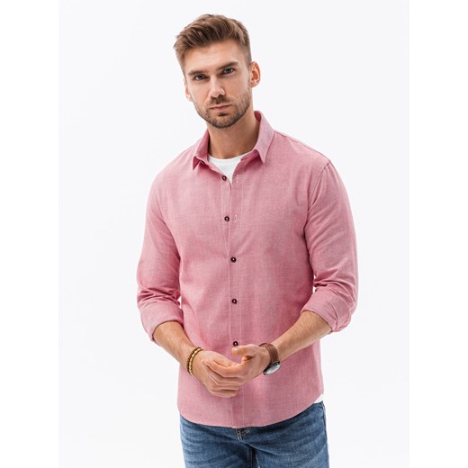 Bawełniana koszula męska z tkaniny w stylu Oxford SLIM FIT - czerwona V18 K642 ze sklepu ombre w kategorii Koszule męskie - zdjęcie 178181718