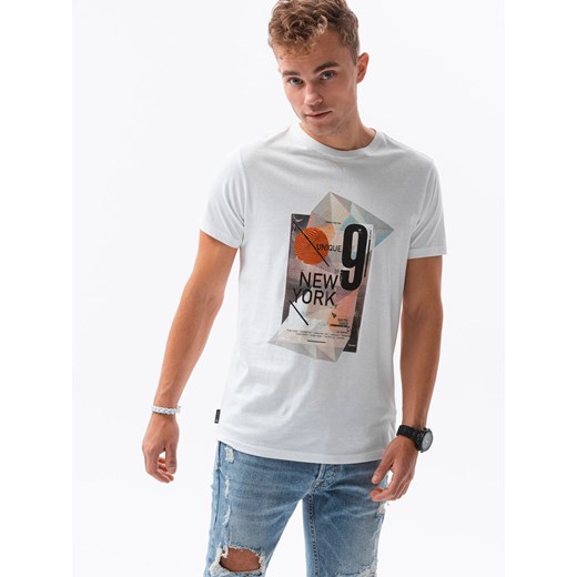 T-shirt męski z nadrukiem - biały V-16A S1434 ze sklepu ombre w kategorii T-shirty męskie - zdjęcie 178182057
