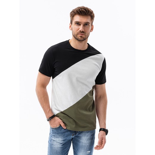 T-shirt męski bawełniany trzykolorowy - czarno/oliwkowy V4 S1627 L okazja ombre