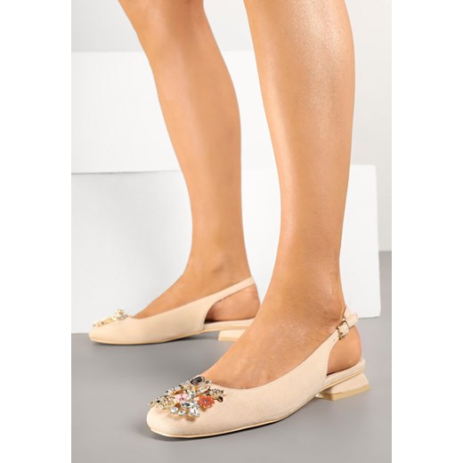 Beżowe Czółenka Slingback Vices z Cyrkoniami i Wkładką ze Skóry Eklina ze sklepu renee.pl w kategorii Czółenka - zdjęcie 178183055