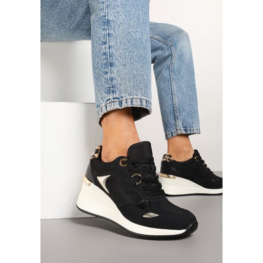 Czarne Sneakersy na Koturnie z Ozdobnymi Wstawkami Cedera ze sklepu born2be.pl w kategorii Buty sportowe damskie - zdjęcie 178184229