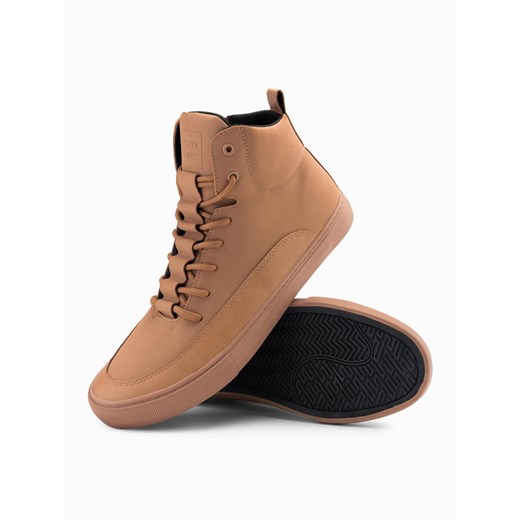 Męskie buty sneakersy za kostkę z ozdobnymi zakładkami – brązowe V3 OM-FOSH-0176 ze sklepu ombre w kategorii Trampki męskie - zdjęcie 178202468