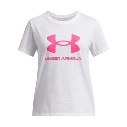 Dziewczęcy t-shirt z nadrukiem Under Armour UA Big Logo SS - biały ze sklepu Sportstylestory.com w kategorii Bluzki dziewczęce - zdjęcie 178209375
