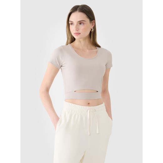 Damski t-shirt crop top 4F 4FRSS25TTSHF2695 - beżowy ze sklepu Sportstylestory.com w kategorii Bluzki damskie - zdjęcie 178209656