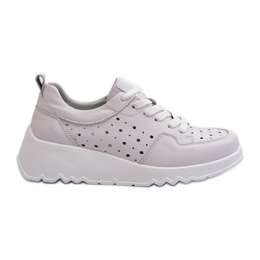 Ażurowe Damskie Sneakersy Na Koturnie Skóra Naturalna Jasnoszare S.Barski LR482 ze sklepu ButyModne.pl w kategorii Buty sportowe damskie - zdjęcie 178214199