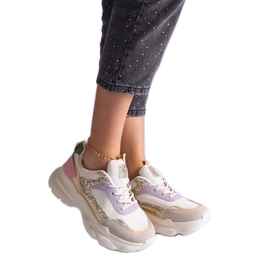 Wielokolorowe sneakersy z brokatowymi wstawkami beżowe beżowy ze sklepu ButyModne.pl w kategorii Buty sportowe damskie - zdjęcie 178214306