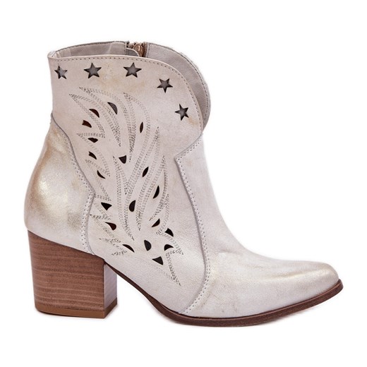 Lewski Shoes Ażurowe Botki Kowbojki Skórzane Na Słupku Lewski 3613 Złoty Przecierany ze sklepu ButyModne.pl w kategorii Botki - zdjęcie 178214448