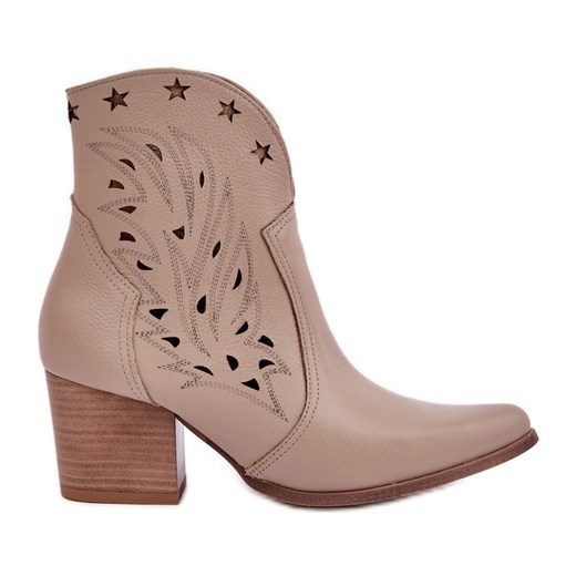 Lewski Shoes Ażurowe Botki Kowbojki Skórzane Na Słupku Lewski 3613 Ciemnobeżowe beżowy ze sklepu ButyModne.pl w kategorii Botki - zdjęcie 178214456