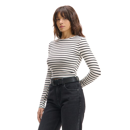 Cropp - Biało-czarna koszulka longsleeve w paski - biały ze sklepu Cropp w kategorii Bluzki damskie - zdjęcie 178216197