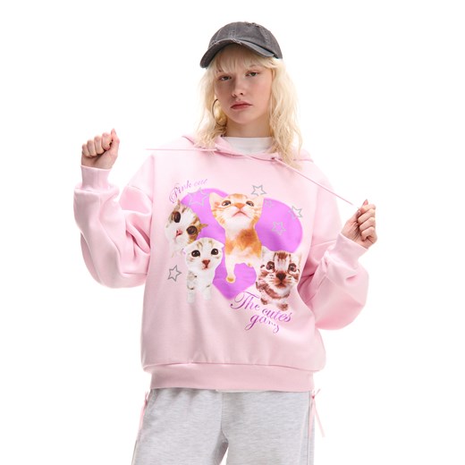 Cropp - Różowa bluza z kotkami - różowy ze sklepu Cropp w kategorii Bluzy damskie - zdjęcie 178217817