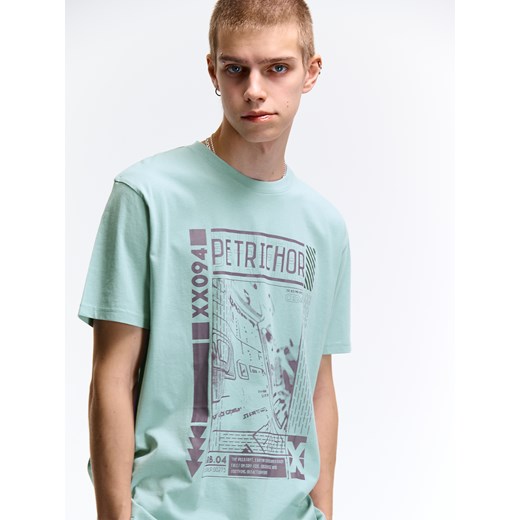 T-shirt męski Gate niebieski z krótkimi rękawami w nadruki
