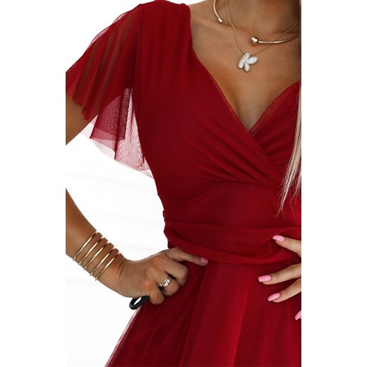 Długa sukienka z tiulowym rękawem Nastia 562-2, Kolor bordowy, Rozmiar one size, Numoco Basic one size wyprzedaż Primodo