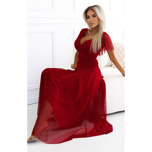 Długa sukienka z tiulowym rękawem Nastia 562-2, Kolor bordowy, Rozmiar one size, Numoco Basic one size okazja Intymna