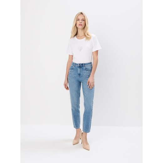 Mohito - Bawełniany t-shirt z ozdobnym detalem - biały ze sklepu Mohito w kategorii Bluzki damskie - zdjęcie 178262996