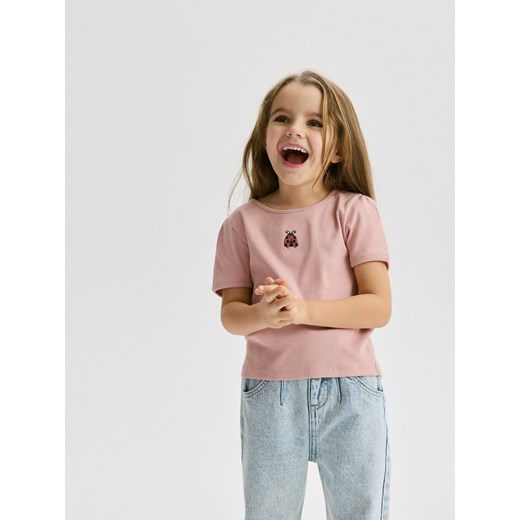 Reserved - Prążkowany t-shirt z haftem - pastelowy róż Reserved 80 (9-12 m.) Reserved