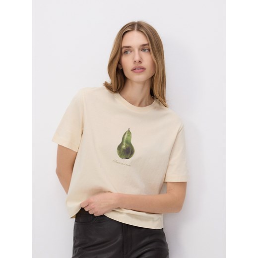 Reserved - Bawełniany t-shirt z nadrukiem - jasnożółty - id: 537EV-10X - marki Reserved - 178288279 Reserved - Bawełniany t-shirt z nadrukiem - jasnożółty ze sklepu Reserved w kategorii Bluzki damskie - zdjęcie 178288279