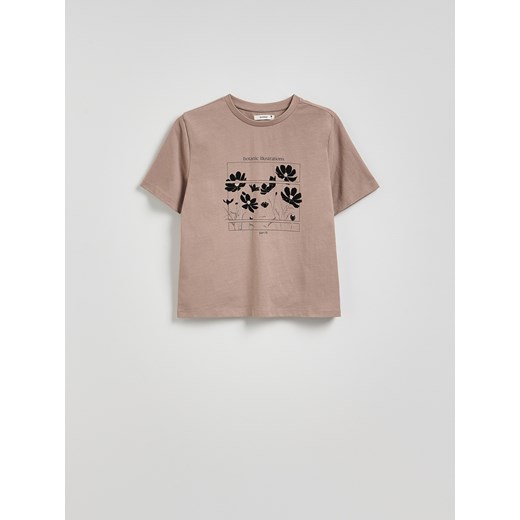 Reserved - Bawełniany t-shirt z nadrukiem - brązowy Reserved XS Reserved