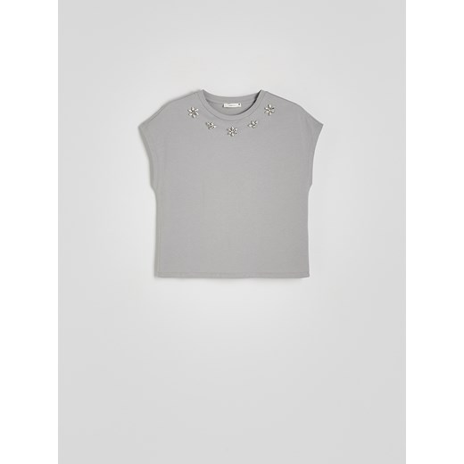 Reserved - T-shirt z ozdobną aplikacją - jasnoszary Reserved S Reserved