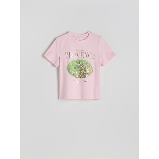 Reserved - Bawełniany t-shirt z nadrukiem - pastelowy róż Reserved XS Reserved