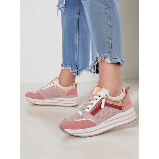Buty sportowe damskie Royalfashion.pl sneakersy różowe sznurowane 