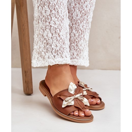 Klapki damskie Lewski Shoes brązowe letnie casual skórzane bez zapięcia płaskie