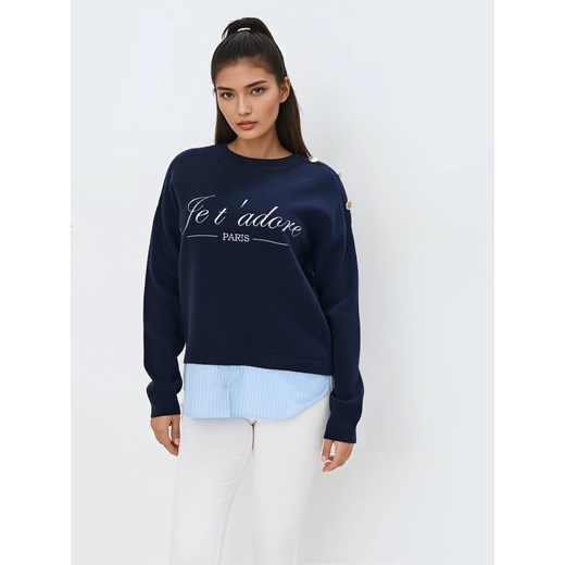 Mohito - Granatowy sweter ze wstawką koszulową - granatowy ze sklepu Mohito w kategorii Swetry damskie - zdjęcie 178392249