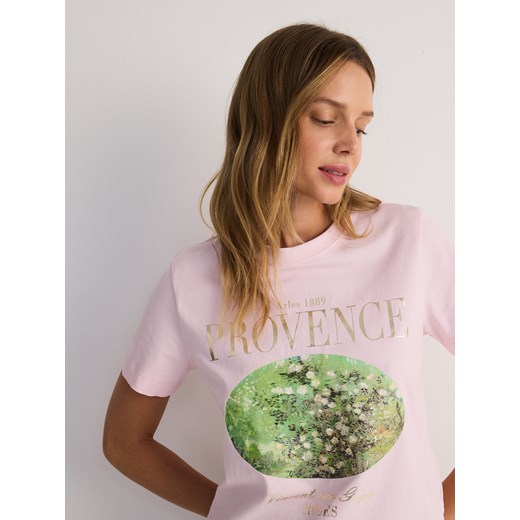 Reserved - Bawełniany t-shirt z nadrukiem - pastelowy róż ze sklepu Reserved w kategorii Bluzki damskie - zdjęcie 178397407