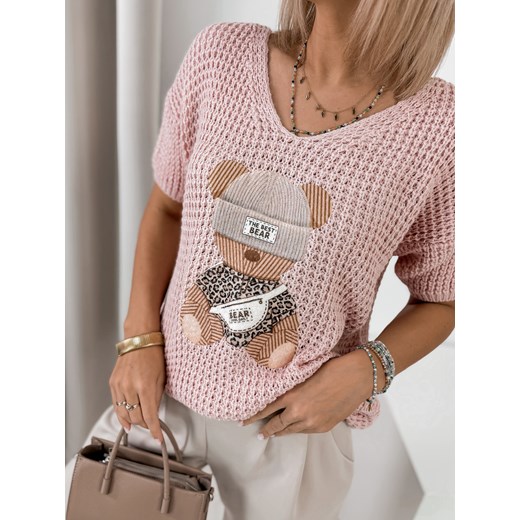 Sweter damski różowy z okrągłym dekoltem casualowy 