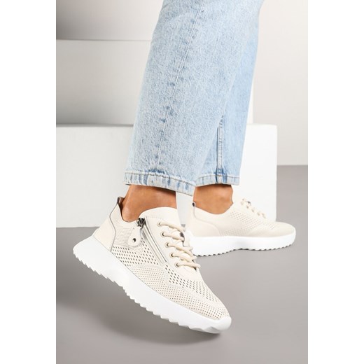Beżowe Skórzane Sneakersy z Ozdobnym Suwakiem Selami ze sklepu born2be.pl w kategorii Buty sportowe damskie - zdjęcie 178411309